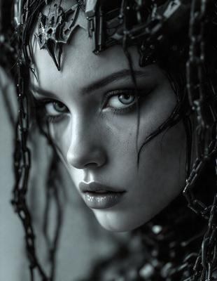 The primary subject of the image is a woman with long hair, wearing a black and white outfit. She has a piercing blue eye and is looking directly at the camera. The setting appears to be a dark room, with the woman standing in front of a black background. The visual style of the image is a close-up portrait, with the woman's face being the main focus. The colors in the image are predominantly black and white, giving the scene a dramatic and mysterious atmosphere.